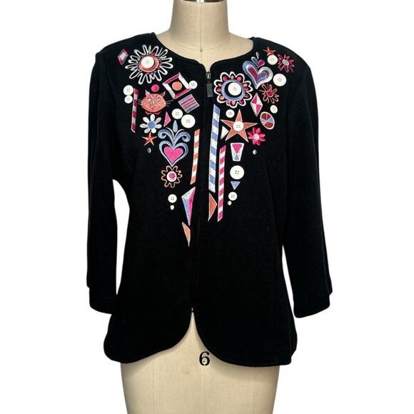 BOB MACKIE Black Jubilation Cat Heart Embroidered Zip Cardigan Sweater M - Picture 1 of 8